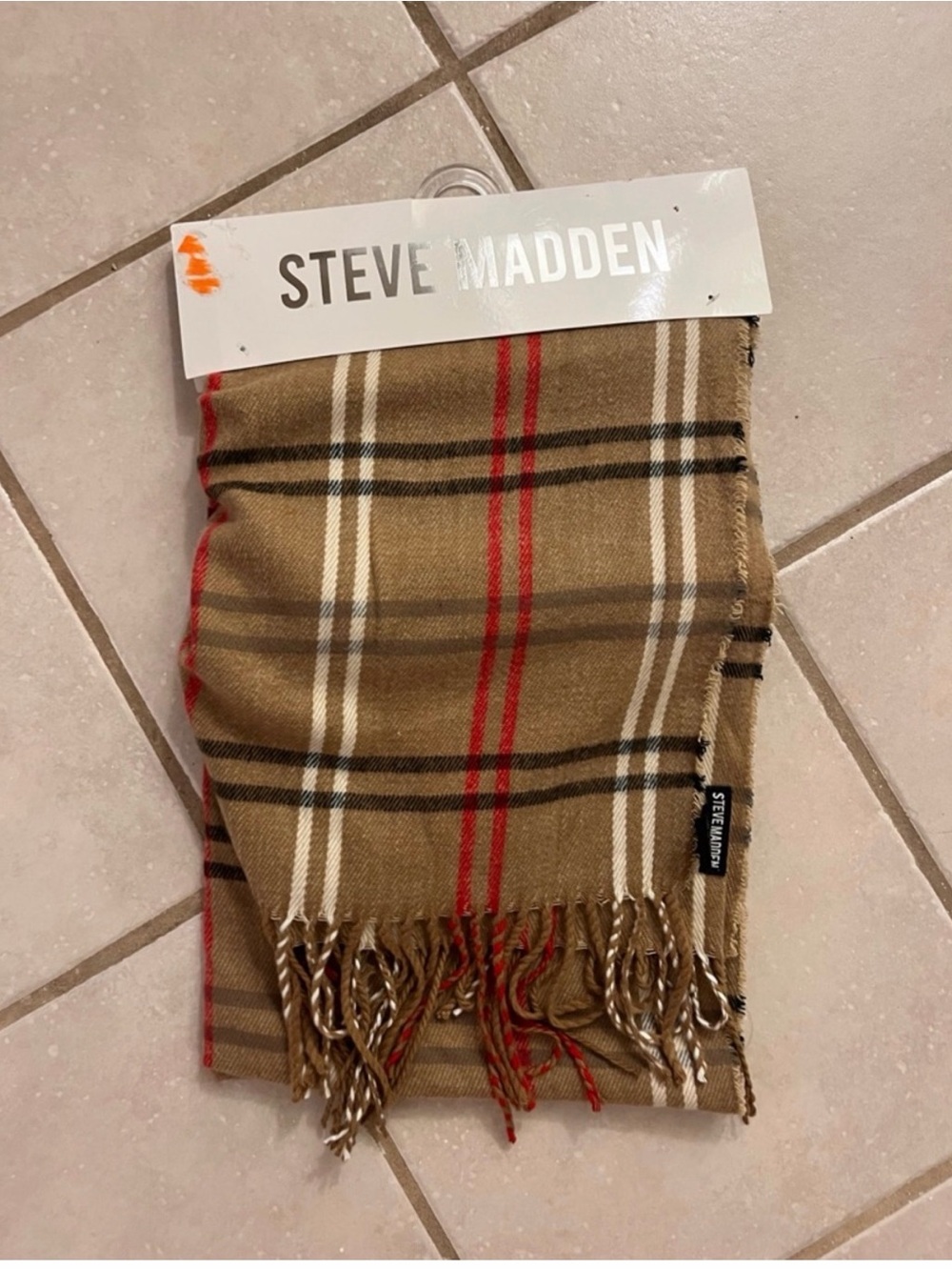 Steve Madden Tan Plaid Fringe Scarf